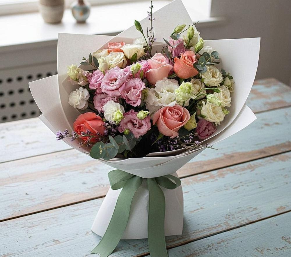 Букет цветов из: Розы, Лизиантусы и Гвоздики в Городовиковске