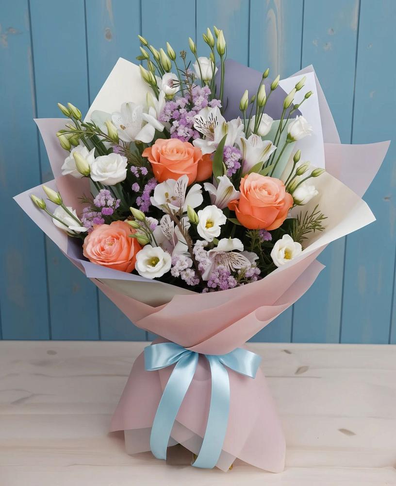 Букет цветов из: Лизиантусы, Розы, Альстромерии и Гипсофила в Городовиковске