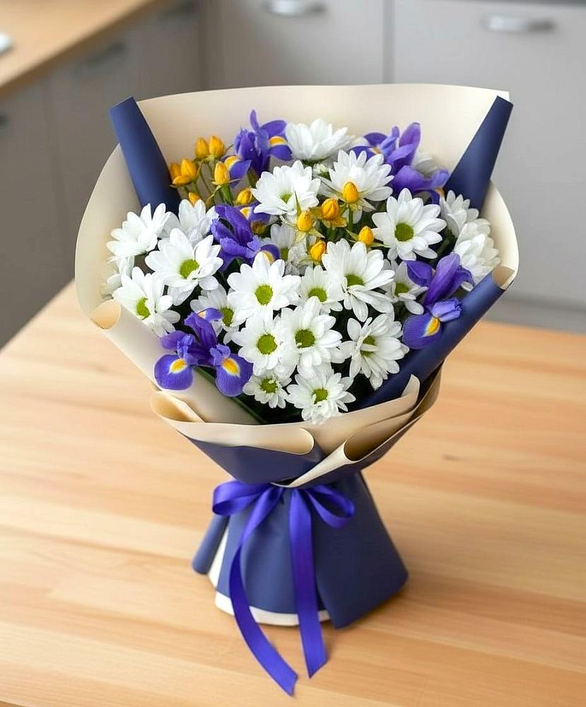 Букет цветов из: Розы, Ирисы и Хризантемы в Городовиковске