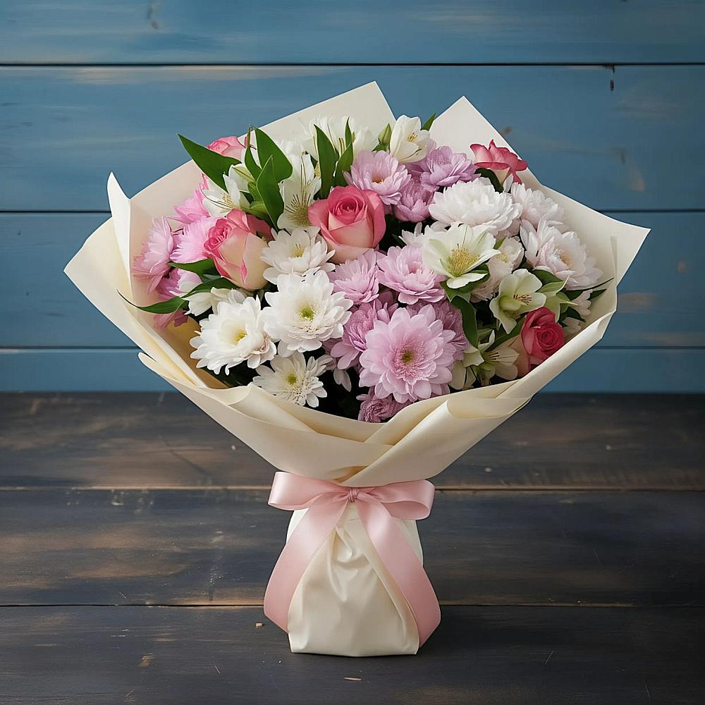 Букет цветов из: Хризантемы, Альстромерии и Розы в Городовиковске